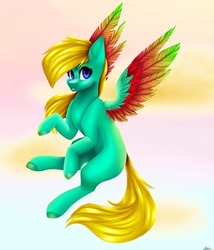Size: 1080x1260 | Tagged: safe, artist:sacaat, oc, oc only, oc:color dash, pegasus, pony, blank flank, colored wings, female, flying, mare, solo, wings
