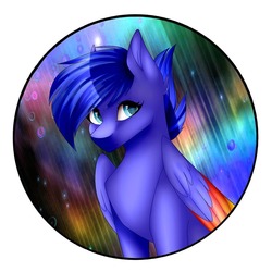 Size: 1080x1080 | Tagged: safe, artist:sacaat, oc, oc only, pegasus, pony, colored wings, eye clipping through hair, female, looking at you, mare, solo, space, wings