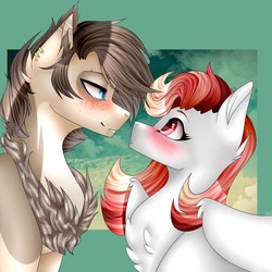 Size: 1080x1080 | Tagged: safe, artist:sacaat, oc, oc:ash, oc:ruby, pegasus, pony, abstract background, blushing, chest fluff, coat markings, ear piercing, earring, female, jewelry, looking at each other, male, mare, piercing, smiling, stallion, straight