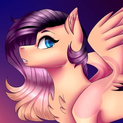 Size: 1080x1080 | Tagged: safe, artist:sacaat, oc, oc only, pegasus, pony, bust, chest fluff, female, gradient background, mare, not fluttershy, profile, solo, spread wings, wings