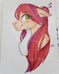 Size: 1080x1350 | Tagged: safe, artist:sacaat, oc, oc only, pony, bust, chest fluff, coat markings, eye clipping through hair, female, floppy ears, freckles, hair bun, looking at you, mare, profile, smiling, solo, traditional art