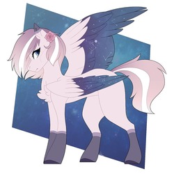 Size: 1080x1080 | Tagged: safe, artist:sacaat, oc, oc only, pegasus, pony, abstract background, art trade, chest fluff, coat markings, female, flower, flower in hair, mare, one wing out, socks (coat markings), solo, starry wings, wings
