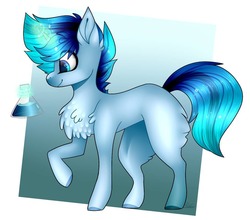 Size: 1080x950 | Tagged: safe, artist:sacaat, oc, oc only, oc:thunder, pony, unicorn, abstract background, blank flank, butt fluff, chest fluff, flask, glowing horn, horn, magic, male, smiling, solo, stallion, telekinesis