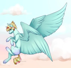 Size: 1080x1035 | Tagged: safe, artist:sacaat, oc, oc only, pegasus, pony, blank flank, chest fluff, coat markings, dappled, female, flying, large wings, mare, profile, smiling, solo, spread wings, wings
