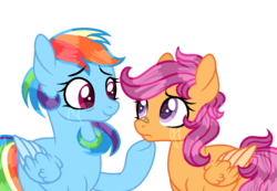 Size: 1665x1150 | Tagged: safe, artist:star-gaze-pony, rainbow dash, scootaloo, pony, g4, adult, bags under eyes, bandage, base used, older, older rainbow dash, older scootaloo, teary eyes