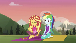 Size: 1986x1125 | Tagged: safe, screencap, rainbow dash, sunset shimmer, equestria girls, g4, my little pony equestria girls: choose your own ending, wake up!, wake up!: rainbow dash, barefoot, clothes, feet, female, mountain, pants, soles, yoga mat, yoga pants
