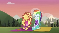 Size: 1980x1123 | Tagged: safe, screencap, rainbow dash, sunset shimmer, equestria girls, g4, my little pony equestria girls: choose your own ending, wake up!, wake up!: rainbow dash, barefoot, clothes, eyes closed, feet, female, mountain, pants, soles, yoga mat, yoga pants