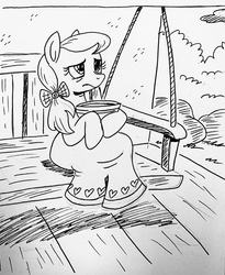 Size: 2853x3473 | Tagged: safe, artist:debmervin, apple juice (g4), pony, g4, my little pony: rainbow roadtrip, background pony, female, food, high res, mare, monochrome, porch swing, scene interpretation, soup, traditional art