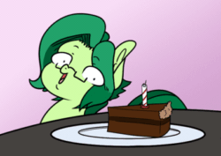 Size: 406x287 | Tagged: safe, artist:appelknekten, oc, oc only, oc:appel, earth pony, pony, animated, birthday, cake, candle, food, gif, glasses, male, pink background, plate, simple background, solo, stallion, table, vibrating