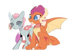Size: 1024x771 | Tagged: dead source, safe, artist:poneko-chan, ocellus, smolder, butterfly, changedling, changeling, dragon, g4, blushing, butterfly on nose, cute, diaocelles, dragoness, duo, female, insect on nose, simple background, smolderbetes, white background