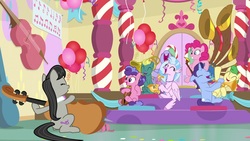 Size: 1920x1080 | Tagged: safe, screencap, auburn vision, berry blend, berry bliss, end zone, huckleberry, november rain, octavia melody, pinkie pie, silverstream, classical hippogriff, earth pony, hippogriff, pegasus, pony, unicorn, a horse shoe-in, g4, balloon, cello, clarinet, dexterous hooves, friendship student, male, musical instrument, saxophone, stallion, triangle, trombone, trumpet, violin, yovidaphone