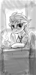 Size: 1080x2220 | Tagged: safe, artist:dimfann, spitfire, pegasus, pony, g4, clothes, coffee, coffee mug, desk, female, floppy ears, glasses, grayscale, looking at you, mare, messy mane, monochrome, mug, sitting, solo, spitfire's office, spread wings, tired, uniform, waving, wings, wonderbolts, wonderbolts dress uniform