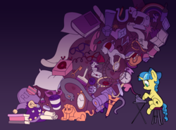 Size: 3852x2850 | Tagged: safe, artist:lilfunkman, rarity, twilight sparkle, oc, oc:ducky ink, alicorn, pony, snake, sphinx, unicorn, g4, big crown thingy, book, bottle, button, candle, chair, clock, cover art, element of magic, fanfic art, gem, glasses, hat, helmet, high res, inkwell, jewelry, key, lamp, mannequin, mask, needle, phone, pillow, quill, regalia, scissors, scroll, sewing machine, sewing needle, sword, thread, train, twilight sparkle (alicorn), typewriter, weapon, wizard hat