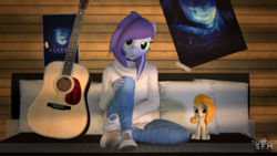 Size: 4096x2304 | Tagged: safe, artist:sleepysfm, artist:thatchersfm, pear butter, oc, oc:ezra, oc:ezra starfield, anthro, g4, 3d, circle game, guitar, musical instrument, plushie, poster, source filmmaker, starset