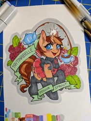 Size: 3024x4032 | Tagged: safe, artist:taytinabelle, oc, oc only, oc:mocha sprout, pony, unicorn, apron, badge, blue eyes, braid, braided tail, clothes, colored, con badge, copic, cute, female, happy, magic, mare, marker drawing, miniskirt, moe, name, pleated skirt, ruffles, skirt, smiling, socks, telekinesis, thigh highs, traditional art, uniform