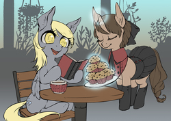 Size: 2784x1968 | Tagged: safe, artist:taytinabelle, derpibooru exclusive, derpy hooves, oc, oc:mocha sprout, pegasus, pony, unicorn, beautiful, book, boots, cafe, clothes, colored, colored pupils, cute, digital art, duo, eyes closed, female, food, hair bun, magic, mare, miniskirt, muffin, pleated skirt, ponysona, shoes, sitting, skirt, skirt lift, telekinesis, that pony sure does love muffins, uniform