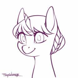 Size: 2048x2048 | Tagged: safe, artist:taytinabelle, oc, oc only, oc:mocha sprout, pony, unicorn, animated, blinking, cute, digital art, female, hair bun, high res, lineart, mare, monochrome, ponysona, simple background, solo