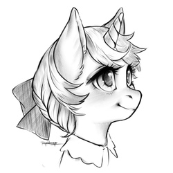 Size: 2048x2048 | Tagged: safe, artist:taytinabelle, oc, oc only, oc:mocha sprout, pony, unicorn, black and white, bow, clothes, cute, digital art, female, grayscale, hair bow, hair bun, looking up, mare, monochrome, ponysona, shading, simple background, solo