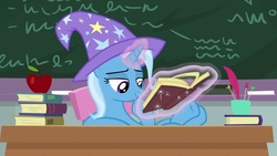 Size: 1920x1080 | Tagged: safe, screencap, trixie, pony, unicorn, a horse shoe-in, g4, apple, book, chalkboard, clothes, crossed legs, female, food, glowing horn, hat, hoof on chin, hooves on the table, horn, irresponsible, lazy, levitation, lidded eyes, magic, mare, obnoxious, reading, solo, teacher, telekinesis, trixie's hat