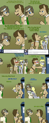 Size: 1502x3758 | Tagged: safe, artist:jitterbugjive, derpy hooves, doctor whooves, time turner, earth pony, pegasus, pony, lovestruck derpy, g4, blushing, clothes, counterparts, doctor who, goggles, hug, multiverse, self ponidox, shirt, tardis, the doctor, theenamoredclockmaker, tongue out