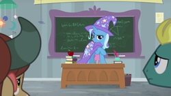 Size: 1920x1080 | Tagged: safe, screencap, end zone, trixie, yona, pony, unicorn, yak, a horse shoe-in, g4, apple, book, cape, clothes, female, food, friendship student, hat, male, mare, quadrupedal, stallion, trixie's cape, trixie's hat