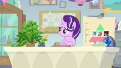 Size: 1920x1080 | Tagged: safe, screencap, big macintosh, doctor whooves, octavia melody, phyllis, starlight glimmer, time turner, pony, unicorn, a horse shoe-in, g4, attached, cute, female, grin, lidded eyes, mare, philodendron, photographs, pointing, raised hoof, sentimental value, smiling, solo, starlight's office, talking to objects