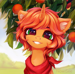 Size: 2888x2856 | Tagged: safe, artist:inowiseei, oc, oc only, pony, unicorn, bust, commission, cute, ear fluff, female, food, high res, mare, peach, portrait, scenery, smiling, solo, tree