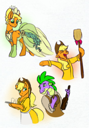 Size: 2094x3014 | Tagged: safe, artist:bella-pink-savage, applejack, spike, dragon, earth pony, pony, g4, apron, broom, clothes, crossover, dress, female, high res, male, older, older spike, prince naveen, princess tiana, ship:applespike, shipping, simple background, straight, the princess and the frog, tiana, white background