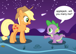 Size: 2880x2045 | Tagged: safe, artist:porygon2z, applejack, spike, dragon, earth pony, pony, g4, female, high res, male, mare, marriage proposal, night, ship:applespike, shipping, shooting star, speech bubble, straight