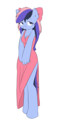 Size: 2400x4922 | Tagged: safe, artist:carnifex, oc, oc only, oc:wind of the skies, anthro, bow, breasts, cleavage, clothes, colored, cowering, dress, female, flat colors, hair bow, mare, side slit, simple background, solo, standing, total sideslit, transparent background