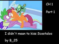 Size: 480x360 | Tagged: safe, artist:minanfranco, scootaloo, spike, tank, dragon, pegasus, pony, tortoise, g4, accidental kiss, butt, fanfic, female, helmet, implied scootaspike, kiss on the lips, kissing, male, older, older scootaloo, older spike, plot, scootabutt, ship:scootaspike, shipping, straight, teenage spike, teenaged dragon, teenager, wide eyes