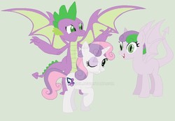 Size: 900x627 | Tagged: safe, artist:teal-quil, spike, sweetie belle, oc, dracony, dragon, hybrid, pony, unicorn, g4, alternate cutie mark, deviantart watermark, female, interspecies offspring, male, mare, obtrusive watermark, offspring, older, older spike, older sweetie belle, one eye closed, parent:spike, parent:sweetie belle, parents:spikebelle, ship:spikebelle, shipping, smiling, spread wings, straight, watermark, winged spike, wings, wink