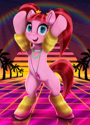 Size: 4550x6300 | Tagged: safe, artist:darksly, pacific glow, earth pony, pony, the saddle row review, 80s, belly button, bipedal, cute, digital art, ear fluff, female, glowbetes, leg warmers, mare, open mouth, outrun, pacifier, palm tree, pigtails, rainbow, smiling, solo, tree, vaporwave