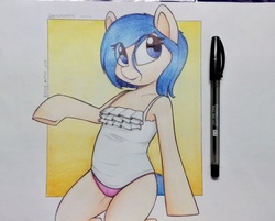 Size: 2278x1836 | Tagged: safe, artist:perezadotarts, oc, earth pony, pony, semi-anthro, arm hooves, blue eyes, clothes, drawing, female, hair, mare, panties, paper, photo, pink underwear, simple background, smiling, solo, traditional art, underwear