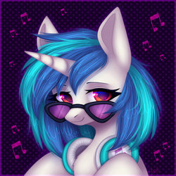 Size: 2000x2000 | Tagged: safe, artist:avrameow, dj pon-3, vinyl scratch, pony, unicorn, g4, abstract background, bust, chest fluff, female, headphones, high res, looking at you, mare, smiling, solo, sunglasses