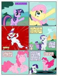 Size: 612x802 | Tagged: safe, artist:newbiespud, artist:winged cat, edit, edited screencap, screencap, fluttershy, opalescence, pinkie pie, rarity, spike, twilight sparkle, cat, dragon, earth pony, pegasus, pony, unicorn, comic:friendship is dragons, g4, bow, collaboration, comic, dialogue, eyes closed, female, frown, hair bow, jumping, looking up, male, mare, pointing, raised hoof, screencap comic, slit pupils, smiling, trampoline, unamused, unicorn twilight