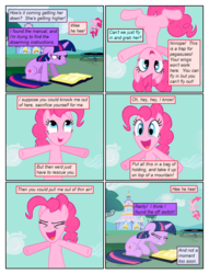 Size: 612x802 | Tagged: safe, artist:newbiespud, artist:winged cat, edit, edited screencap, screencap, pinkie pie, twilight sparkle, earth pony, pony, unicorn, comic:friendship is dragons, g4, annoyed, book, collaboration, comic, dialogue, eyes closed, female, floppy ears, frown, jumping, mare, reading, screencap comic, sitting, smiling, trampoline, unicorn twilight, upside down