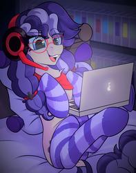 Size: 1500x1900 | Tagged: safe, artist:shadowreindeer, oc, oc only, oc:cinnabyte, pony, bandana, bookshelf, clothes, commission, computer, dock, female, glasses, headphones, headset, laptop computer, leaning back, mare, pigtails, pillow, socks, solo, striped socks