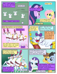 Size: 612x802 | Tagged: safe, artist:newbiespud, artist:winged cat, edit, edited screencap, screencap, caramel, fluttershy, lucky clover, opalescence, rarity, twilight sparkle, earth pony, horse, mouse, pegasus, pony, unicorn, comic:friendship is dragons, g4, the best night ever, background pony, bow, collaboration, comic, dialogue, female, grin, hair bow, male, mare, nervous, nervous smile, screencap comic, smiling, stallion, unicorn twilight