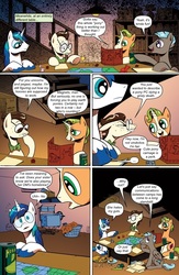 Size: 650x1000 | Tagged: safe, artist:andypriceart, edit, idw, official comic, 8-bit (g4), gaffer, gizmo, shining armor, earth pony, pegasus, pony, unicorn, comic:friendship is dragons, g4, spoiler:comic, spoiler:comic11, bowtie, chips, comic, dialogue, dungeons and dragons, food, freckles, glasses, male, ogres and oubliettes, plate, smiling, soda can, stallion, text edit, thinking, unshorn fetlocks
