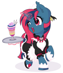 Size: 1616x1874 | Tagged: safe, artist:wavecipher, oc, oc only, oc:heart tide, pony, unicorn, clothes, cuffs (clothes), cute, female, glowing horn, happy, heart eyes, horn, magic, maid, mare, simple background, telekinesis, transparent background, tray, wingding eyes