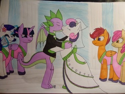 Size: 4160x3120 | Tagged: safe, artist:hiroultimate, apple bloom, rarity, scootaloo, spike, sweetie belle, twilight sparkle, alicorn, dragon, earth pony, pegasus, pony, g4, bride, clothes, crying, drawing, dress, female, groom, handkerchief, kiss on the lips, kissing, male, mare, marriage, older, older apple bloom, older scootaloo, older spike, older sweetie belle, ship:spikebelle, shipping, straight, suit, tissue, traditional art, tuxedo, twilight sparkle (alicorn), wedding, wedding dress, wedding veil