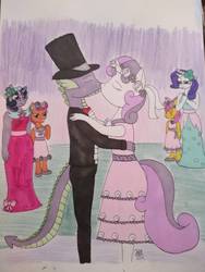 Size: 780x1040 | Tagged: safe, artist:hiroultimate, apple bloom, rarity, scootaloo, spike, sweetie belle, twilight sparkle, earth pony, anthro, a canterlot wedding, g4, bridesmaid, bridesmaid dress, bridesmaids, clothes, drawing, dress, female, flower filly, flower girl, flower girl dress, hat, kiss on the lips, kissing, male, marriage, ship:spikebelle, shipping, straight, suit, top hat, traditional art, tuxedo, waltz, wedding