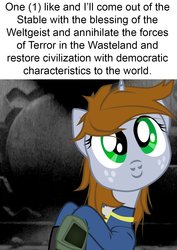 Size: 1000x1412 | Tagged: safe, artist:aaronmk, oc, oc only, oc:littlepip, pony, unicorn, fallout equestria, clothes, fallout, fanfic, fanfic art, female, freckles, hegel, horn, jumpsuit, mare, pipbuck, smiling, solo, text, vault, vault suit, vector