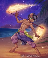 Size: 717x861 | Tagged: safe, artist:imanika, oc, oc only, earth pony, anthro, unguligrade anthro, abs, beach, clothes, dancing, earth pony oc, fire, male, night, pants, partial nudity, smiling, solo, stars, topless, torch, tree, watermark