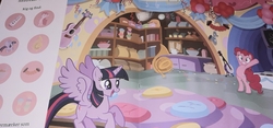 Size: 3140x1468 | Tagged: safe, pinkie pie, twilight sparkle, alicorn, earth pony, pony, g4, season 8, 2018, accordion, balloon, banner, book, candy, classroom, decoration, denmark, disco ball, drawer, food, guitar, hind legs, music, musical instrument, party, photo, prancing, school of friendship, sticker, streamers, twilight sparkle (alicorn)