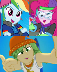 Size: 607x762 | Tagged: safe, pinkie pie, rainbow dash, sandalwood, cheer you on, equestria girls, equestria girls specials, g4, get the show on the road, my little pony equestria girls: better together, my little pony equestria girls: dance magic, my little pony equestria girls: summertime shorts, clothes, cool, dance magic (song), mc pinkie, mc sandalwood, rapper, rapper dash, sleeveless