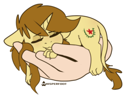 Size: 947x726 | Tagged: safe, artist:whisperfoot, oc, oc only, oc:katya ironstead, pony, sphinx, unicorn, chibi, cute, disembodied hand, eyes closed, female, hand, holding a pony, horn, in goliath's palm, long hair, long mane, ocbetes, paws, sharp teeth, sleeping, smiling, solo, species swap, sphinx oc, sphinxified, teeth, tiny, tiny ponies