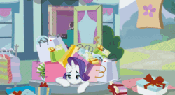 Size: 800x436 | Tagged: safe, screencap, bon bon, gabby, lyra heartstrings, rarity, spike, sweetie drops, dragon, earth pony, griffon, pony, unicorn, dragon dropped, g4, animated, background characters doing background things, background pony, cherry, eyes closed, female, food, lesbian, male, mare, milkshake, present, sharing a drink, ship:lyrabon, shipping, shipping fuel, straw, table, winged spike, wings