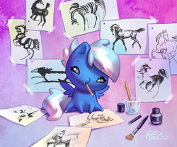 Size: 1378x1146 | Tagged: safe, artist:holivi, oc, oc only, horse, pegasus, pony, chibi, commission, drawing, mouth hold, paintbrush, pencil, solo